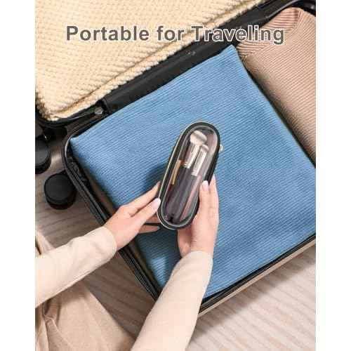 Clear Travel Makeup Brush Holder, Leather Makeup Brush Toiletry Bag, Portable Cosmetic Brush Case, Transparent Waterproof Makeup Brush Storage Bag, Black