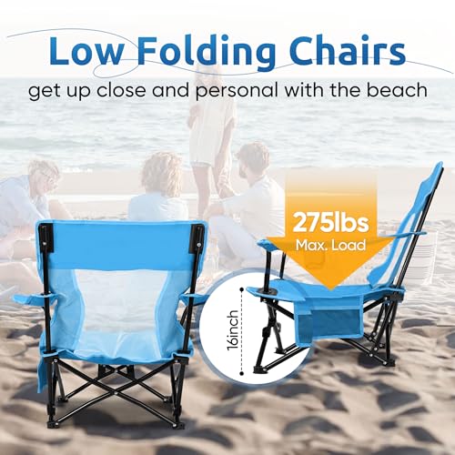 HaSteeL Folding Beach Chair Set of 2, Foldable Blue Camping Chairs for Outside, Low Beach Chair Portable for Adults Fishin...