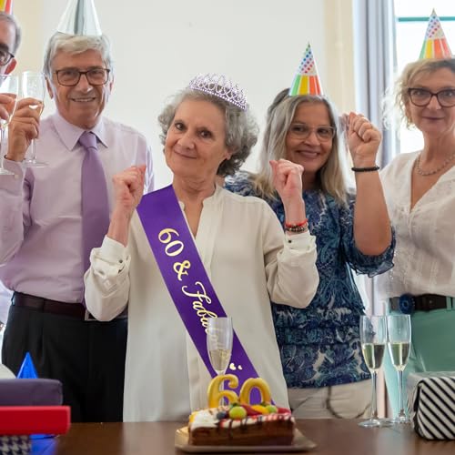 CIEHER 60th Birthday Crown and Sash - Purple 60th Decorations Women's 60 & Fabulous Sash