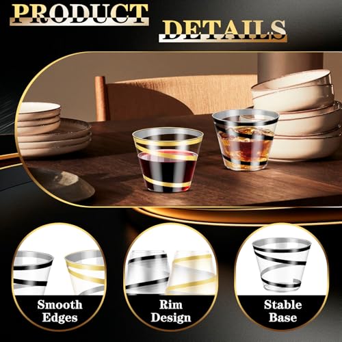 Dualshine 100 PCS Black and Gold Rimmed Swirl Clear Plastic Cups, 9 oz Disposable Plastic Wine Glasses, Heavy Duty Cocktai...