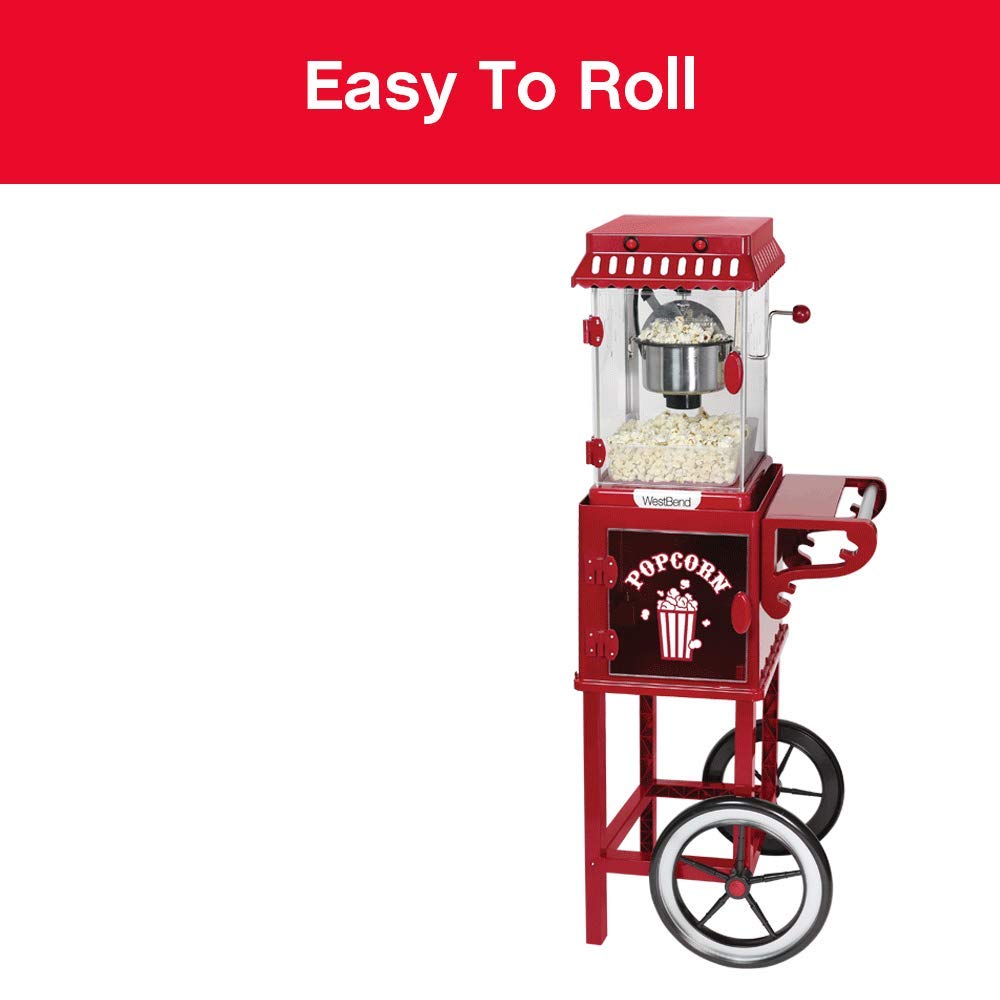 West Bend Popcorn Popper Machine Theater Style on Wheeled Cart with Non-Stick 2.5 Oz Stainless Steel Popcorn Kettle, Storage Shelf, and Popcorn Scoop, 10-Cup, Red
