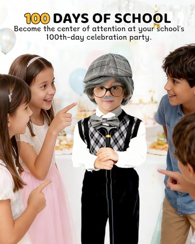 Kevsuvqin Kids Old Man Costume for Boys 9 Pcs Set, 100 Days of School Costume Boys with Adjustable Cane, Wig, Vest(Ages 3-12)