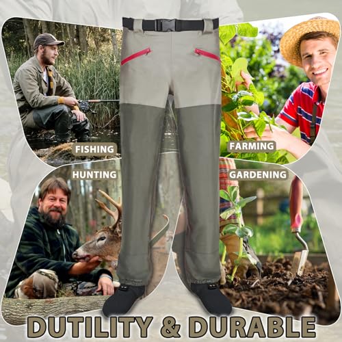 JUSTOOP Waist Wader Pants for Men and Women, 3-Ply Breathable Waterproof Fishing Waders with Pockets and Durable Stockingfoot
