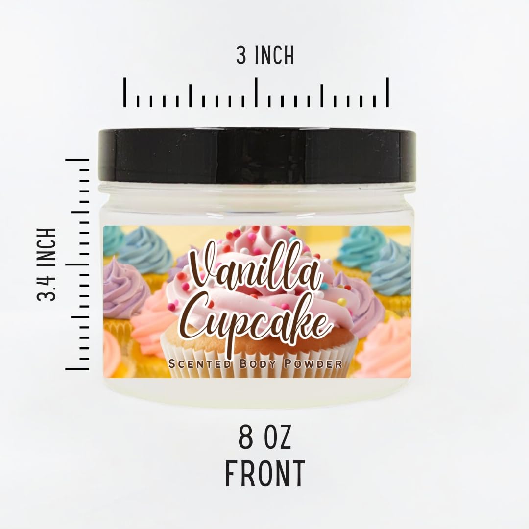 Body Powder for Men & Women Scented Vanilla Cupcake, Bath Perfume Dusting Powder with Fragrance & Essential Oils, Talc Free 8oz Container, Made in USA