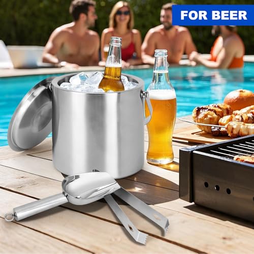Yeatruojeet Ice Granule Bucket 3L Double Wall Ice Bucket with Lid,Scoop,Tongs- Inner Layer 304 Stainless Steel Ice Contain...