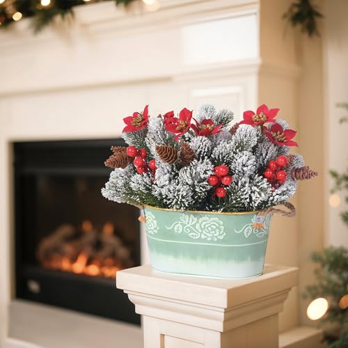 QIMOND Christmas Table Centerpiece with Artificial Red Poinsettias, Snowy Norfolk Pine, Berries & Pine Cones – Lifelike Ho...