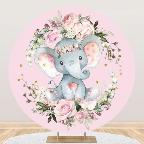 TTQYFNM 7x7ft Elephant Baby Shower Round Backdrop Watercolor Pink Floral Cute Elephant Circle Background for Photography G...