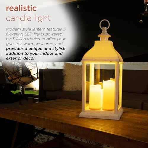 Alpine Corporation KPP604T-22 Outdoor Battery-Operated Lantern with Flickering LED Candle Lights for Patios, Gardens, Pathways, and Entryways, 22" H, White