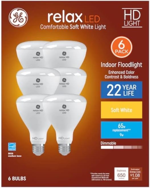 GE Relax 6-Pack 65 W Equivalent Dimmable Soft White Br30 LED Light Fixture Light Bulb