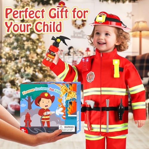 HUUIDY Firefighter Costume for Kids, Fireman Costume with Firefighter Tools, Fire Extinguisher, Helmet Light, Right Angle ...