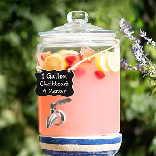 1 Gallon Beverage Dispenser with Stainless Steel Spigot + Marker & Chalkboard 100% Leakproof Glass Drink Dispenser for Par...
