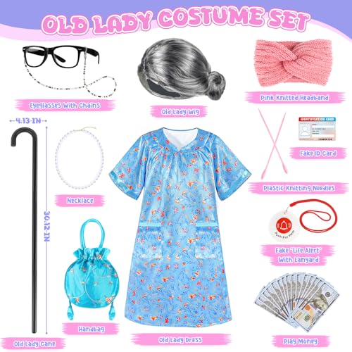Old Lady Costume for Kids Girls, 100 Days of School Costume for Girls 100th Day of School, Granny Grandma Dress Up Nightgo...