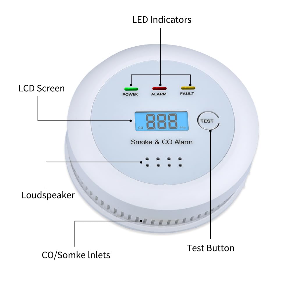 2 in1 Smoke Detector Carbon Monoxide Detector Combo,with LCD Digital Display and Sound Warning Test Button,Battery Powered,Easy Installation, for Home, Bedroom, Kitchen (1PACK)