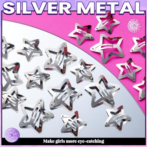 YGDZ Star Hair Clips and Barrettes Set - 20 pcs 1.22" Y2K Hair Accessories, 10 pcs 1.61" Silver Clips for Girls Women, Rav...