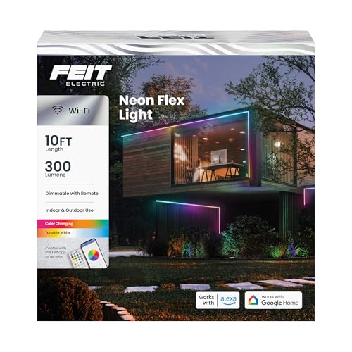 Feit Electric Smart LED Neon Flex Strip Lights, 10FT, Bendable, RGBW Color Chasing, Dimmable, 2.4Ghz WiFi Enabled, Compatible with Alexa and Google Home Asst, Music Sync, Remote App, NF10/CHASE/WP/AG