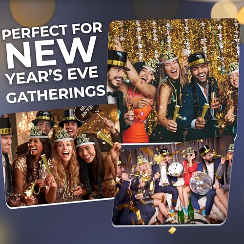 Crown Display New Years Eve Party Supplies 2026 I 250 Pcs I Black and Gold Top Hats Tiaras Bead Necklace Noise Makers I 20...