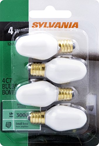 Sylvania Incandescent 4W C7 Night Light Bulb, E12 Candelabra Base, 15 Lumens, Frosted Finish, 2850K, White - 4 Pack (13553)