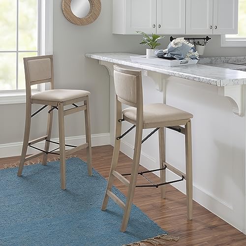 Linon Keira Natural Rustic Wooden Folding Barstool with Beige Upholstered Seat and Back