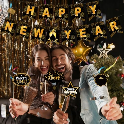 Happy New Years Banner Photo Booth Props 2026 Kits- New Years Decorations Party Suplies Decor Funny Cute Holiday Selfie Su...