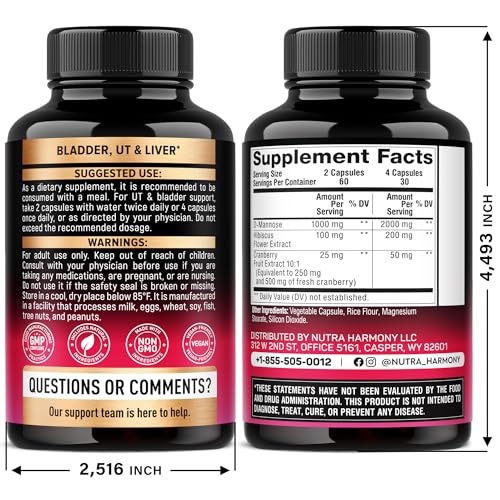 D-Mannose 2000mg with Cranberry & Hibiscus - Clinically Tested Strength for Urinary Tract Health - Supplement for Women - Bladder, Liver & Microflora Support - Made in USA - Vegan, 120 Capsules