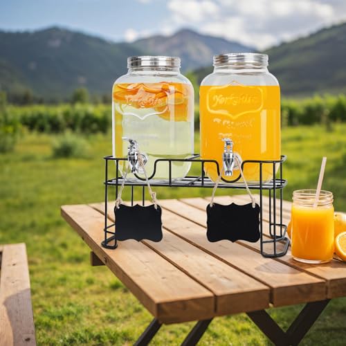 2-Pack 1 Gallon Glass Drink Dispensers for Parties - Leak-Proof Beverage Dispenser with Stand, Spigot, Ice Cylinder & Chal...