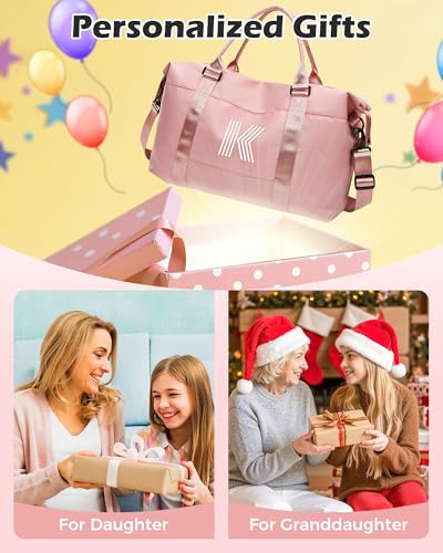 Vogewood Birthday Gifts for Girl 5 6 7 8 9 10 11 12 13 14 15 16 Year Old, Granddaughter Gift, Travel Duffel Bag, Personalized Kids Weekender Bag, Presents for Teenage Daughter Gift (Letter K)