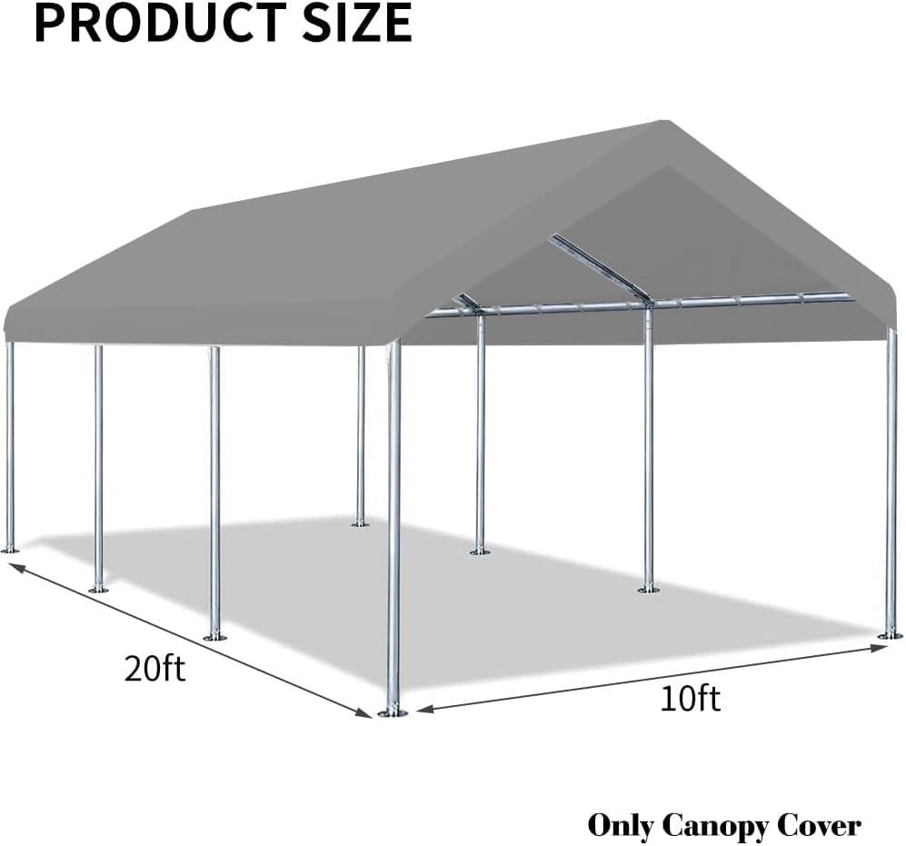 Rutile 10 x 20 FT Carport Replacement Cover, Heavy Duty Car Tarp Canopy Tent Replacement Top w/Ball Bungees Gray (Only Top...