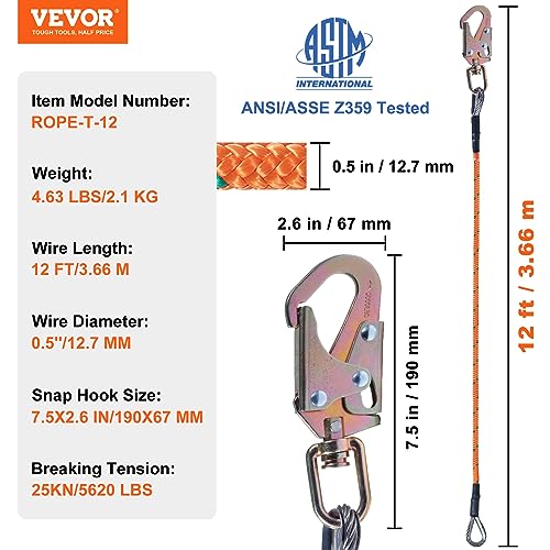 VEVOR Steel Core flipline, 1/2" x 12' Arborist Flipline, Flip Line for Tree Climbing with Alloy Steel Snap Hook, Aluminum ...
