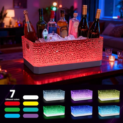 LED Light Up Plastic ice buckets for parties 15L large Clear beverage tub 7-color LED light ice buckets For Champagne Beer...