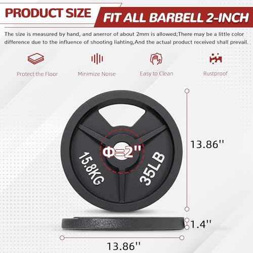 Fitvids 2-Inch Olympic and 1-Inch Standard Cast Iron Weight Plate for Strength Training & Weightlifting, Multiple Weights Available