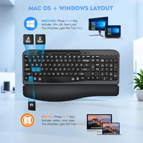 Ergonomic Wireless Keyboard with Cushioned Wrist Rest, Wave Keys, Phone Holder, Comfortable Natural Typing, 2.4GHz Full Si...