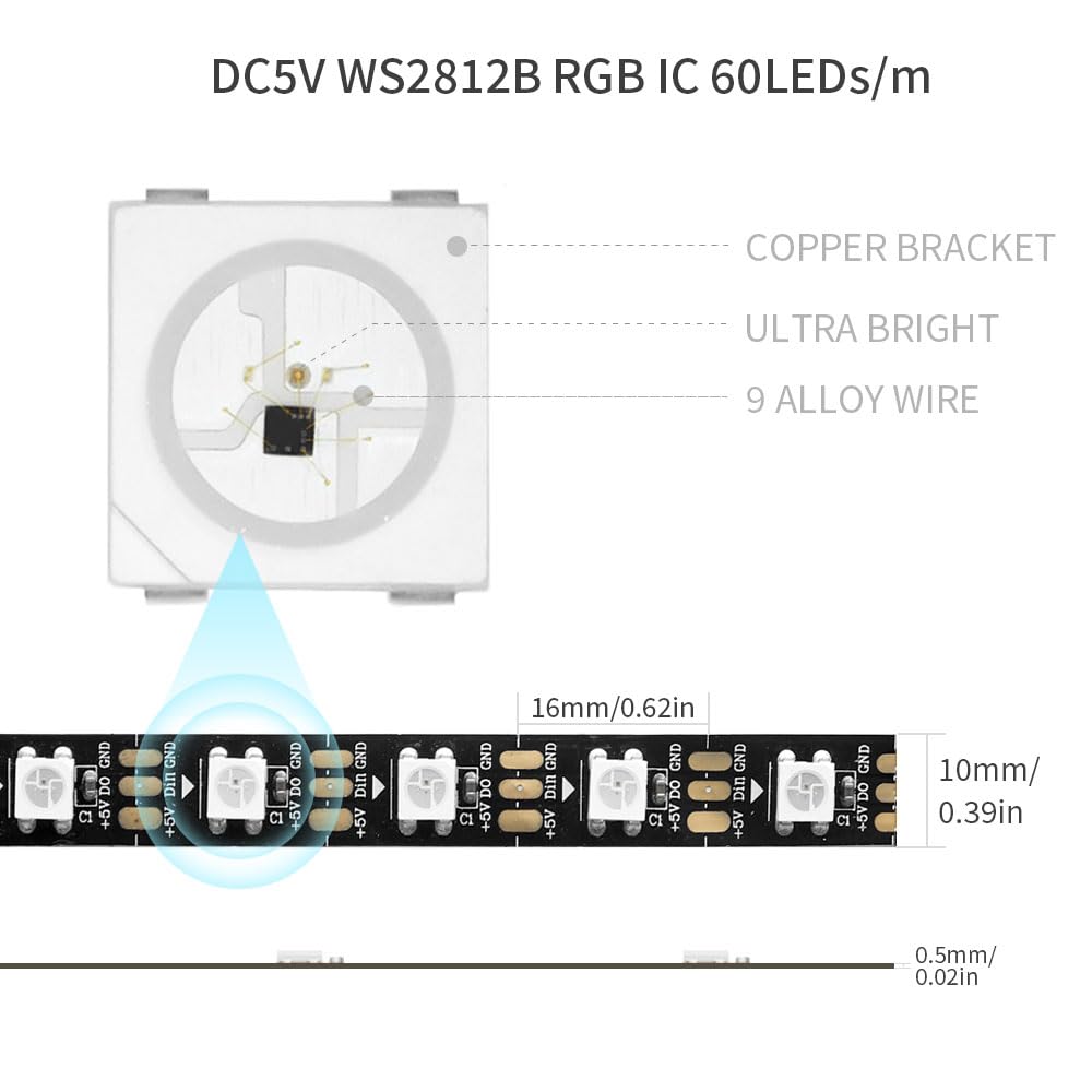 LOAMLIN WS2812B IC RGB 5050SMD ECO Individual Addressable LED Strip Light, 16.4FT 300LED 60LED/m Flexible Full Color IP67 Waterproof DC5V Black PCB for DIY Project (No Power Adapter or Controller)
