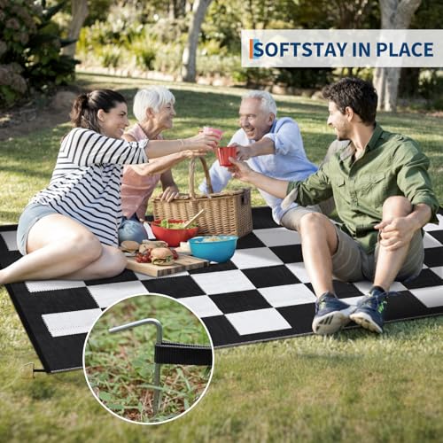 GarveeLife Waterproof Outdoor Rug 9x12 Modern Checkered Reversible Outdoor Mat Lightweight Plastic Straw Rug UV Resistant ...