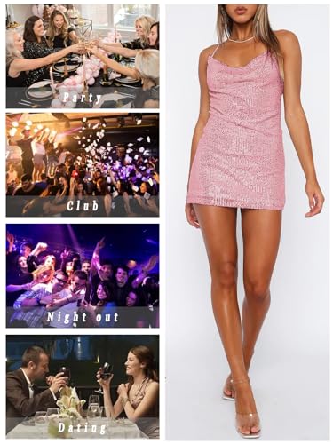 MIYIEONZ Women's Sequin Sparkly Glitter Dress Sexy Sleeveless Backless Spaghetti Strap Party Club Bodycon Mini Dress