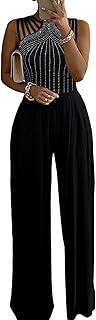 CHICME Women's One Piece Jumpsuit Rhinestone Cutout Ruched Wide Leg Jumpsuit Overall Long Pants