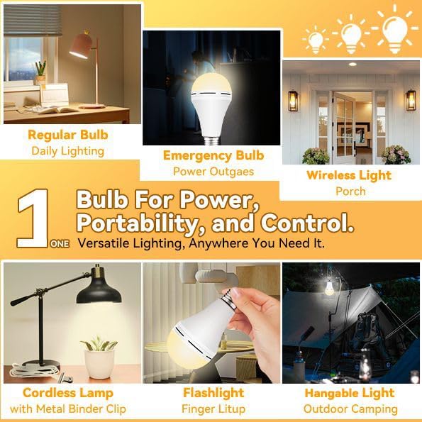 Neporal LITE PRO Battery Backup Light Bulbs, 2600mAh Rechargeable Light Bulbs, Perfect As Emergency Lights for Home Power Failure, Hurricane Prepareness Item, E26/E27