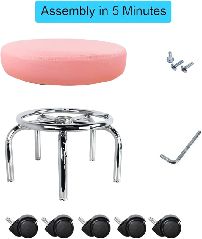 WKWKER Modern Roller Seat PU Leather Low Round Rolling Stool 360° Swivel Small Office Ottoman with Universal Wheels Foot Stool for Home Office Garage Shop Fitness Sport H:12.4" (Pink)