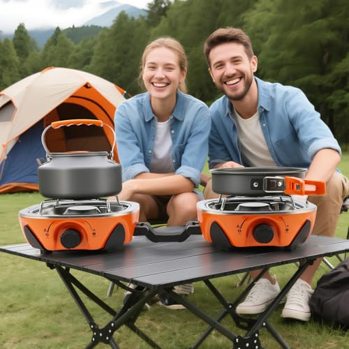 INFOOD Propane Camping Stove 20,000 BTU - Portable 2 Burner Gas Stove with Adjustable Flame Control, Piezo Ignition, Carry...