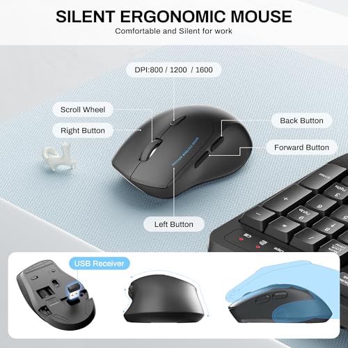 Wireless Keyboard and Mouse Combo,2.4G Full Size Wave Keys Ergonomic Keyboard with Wrist Rest for Natural Typing, 3 DPI Ad...