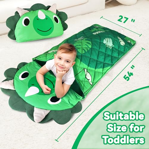 iPlay, iLearn Kid Sleeping Bag, Dinosaur Slumber Sack, Toddler Boy Nap Mat, 2 in 1 Green Dinos Cushion Blanket, Happy Trav...