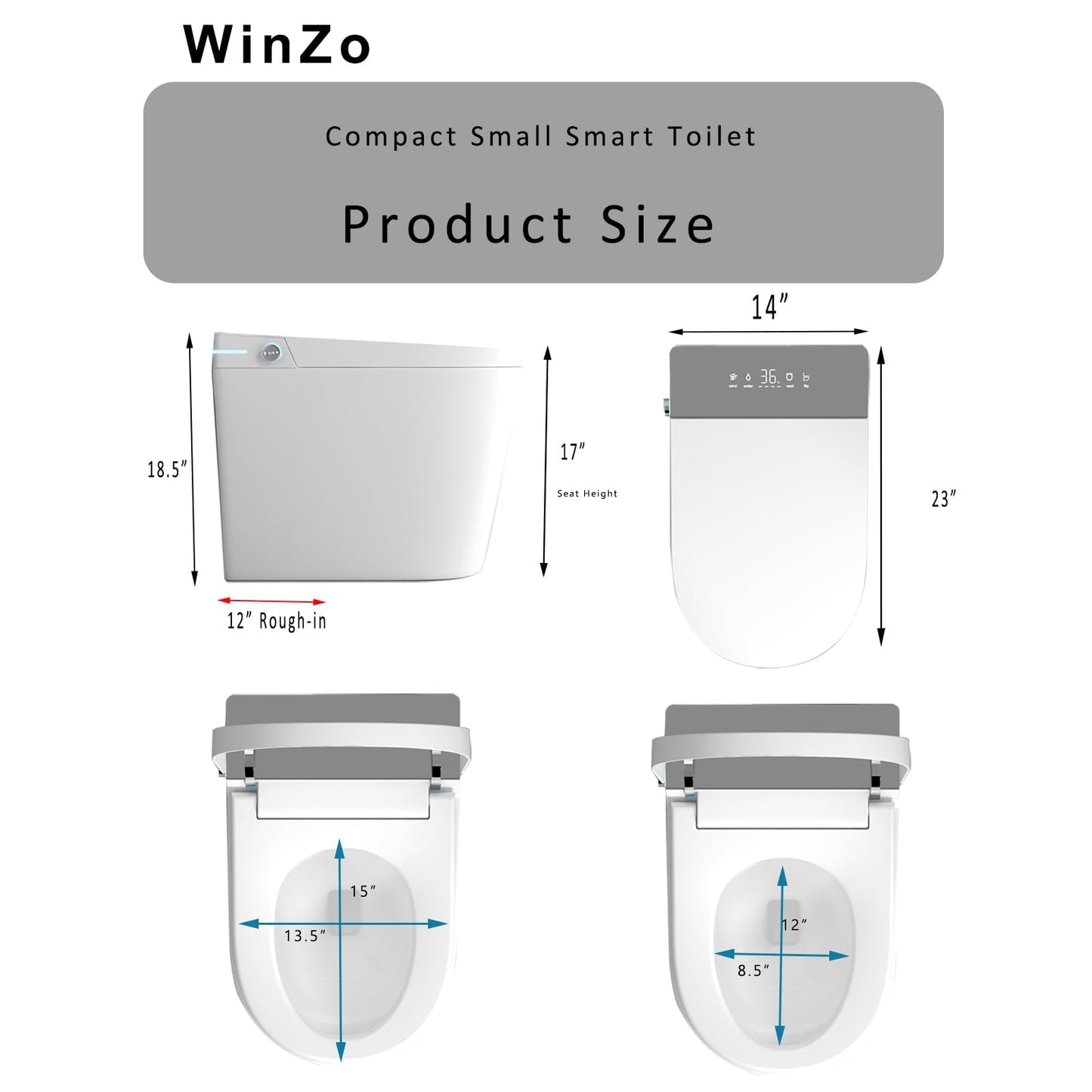 WinZo 23" Compact Smart Toilet with Bidet Seat Built-in For Small Bathroom, Auto Flush, LED Night Light,Heated Bidet with Warm Air Drying (White with Grey Panel)