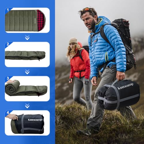 Keencamp 0 Degree Sleeping Bag Cotton Flannel Winter Cold Weather for Adults XXL Sleeping Bag 4 Season Big and Tall with P...