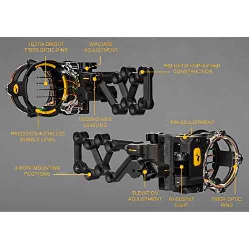 Trophy Ridge React H4 Bow Sight - 4 Pin Sight, Tool Less Windage and Elevation Adustability, 2nd Axis Leveling, Adjustable Click Light