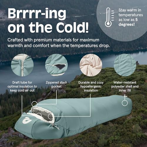 Retrospec Dream Mummy Sleeping Bag - 5, 15, & 30°F Cold Weather Camping & Travel Essential Gear with Water - Resistant She...