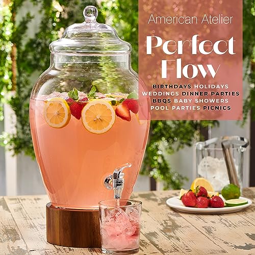 American Atelier Madera Beverage Dispenser Cold Drink Dispenser w/ 3-Gallon Capacity Glass Jug, Leak-Proof Acrylic Spigot ...