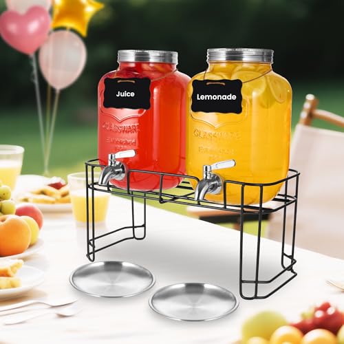 Drink Dispenser, 2 Pack 1 Gallon Glass Drink Dispensers For Parties,Beverage Dispenser, Glass Drink Dispenser With Stand A...