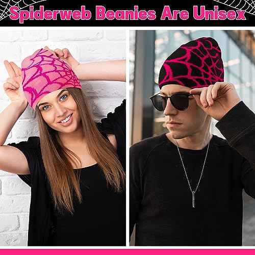 Jeyiour 4 Pcs Y2k Beanies Spider Web Pattern Beanie Gothic Acrylic Knitted Hat Casual Streetwear Outdoor for Men Women