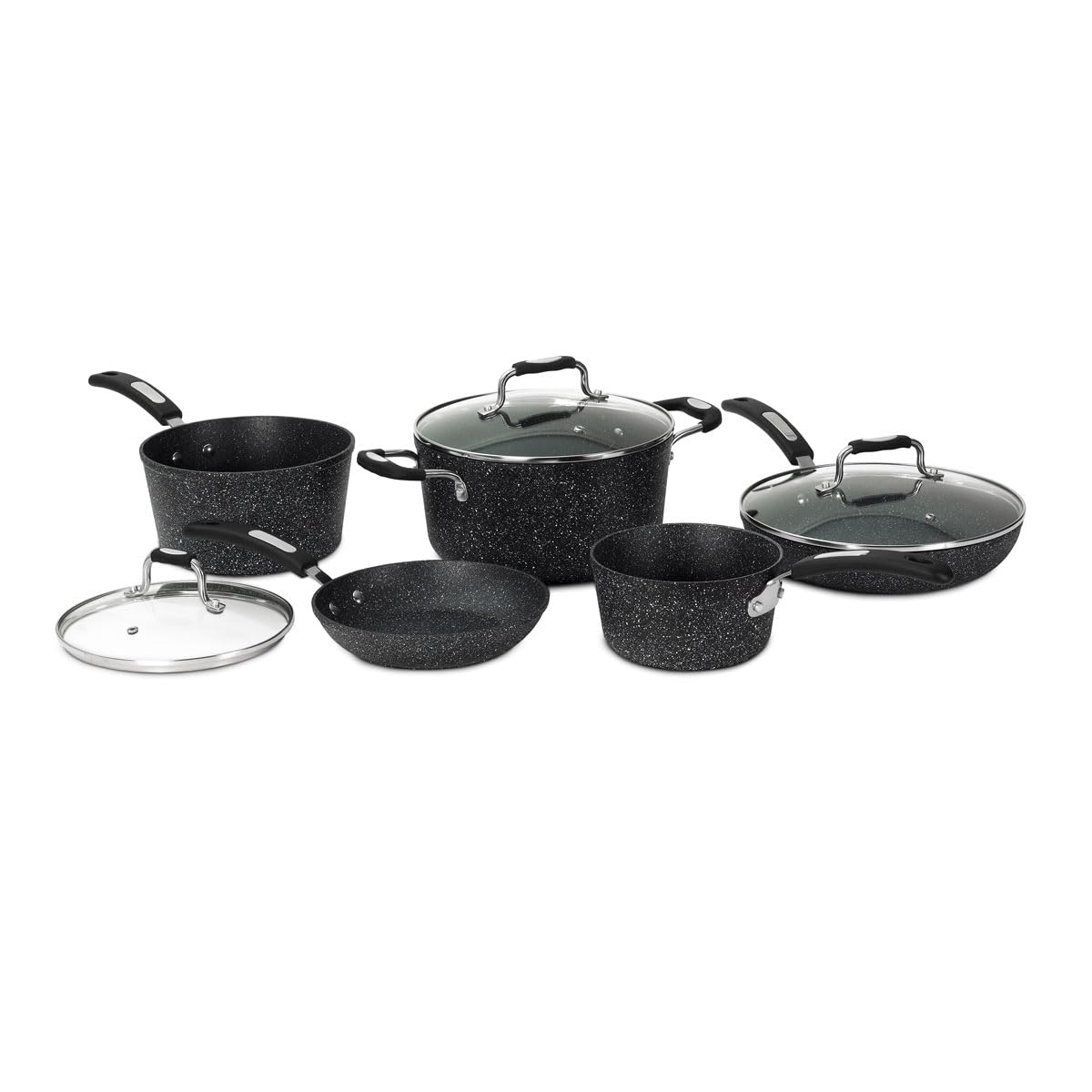 Starfrit The Rock Terra Ceramic Non-Stick Cookware Set, 8-Piece, Chemical-Free, Oven and Dishwasher Safe, with Saucepans, Stockpot, and Fry Pans, Black Marble