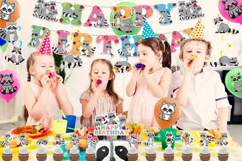 Raccoon Party Decorations Birthday Party Supplies Includes Banner Spirals Cake Topper Cupcake Toppers Balloons For Woodlan...
