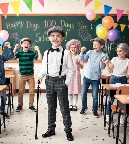 Mscawow Old Man Costume for Kids–100 Days of School Costume with Hat,Glasses,Suspenders & Cane